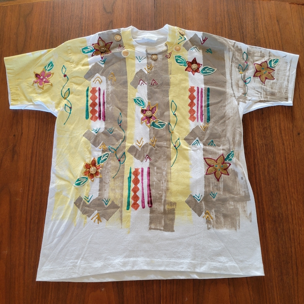 Vintage 90s India Ink Paintworks Floral T Shirt Single Stitch White Large